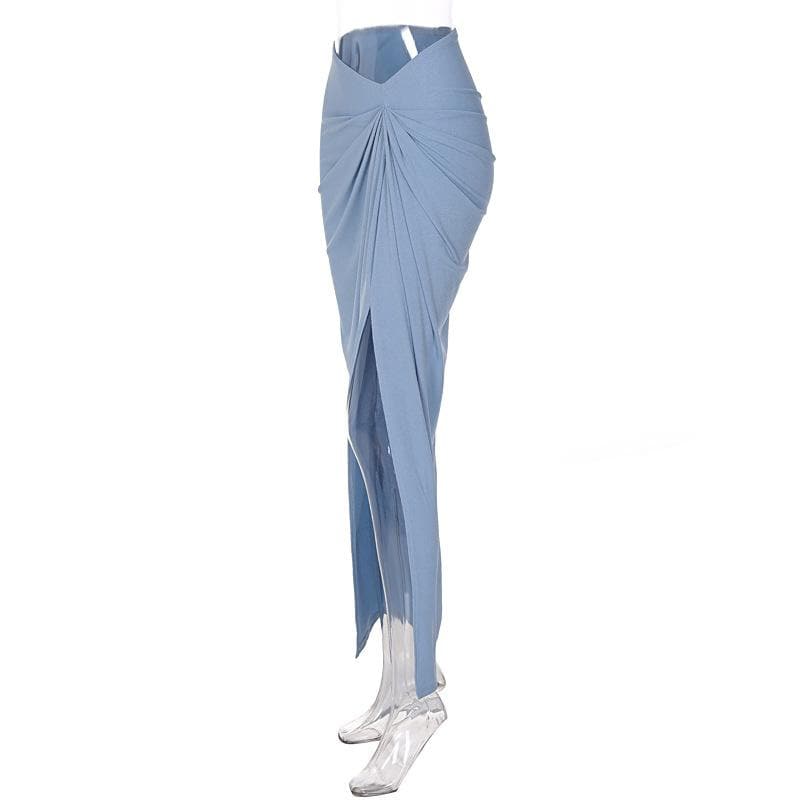 Ruched slit irregular solid ribbed maxi skirt
