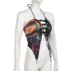 Halter self tie backless abstract contrast crop top