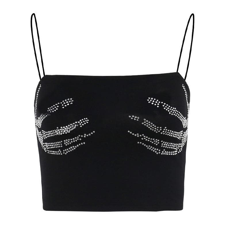 Beaded square neck backless palm pattern crop top