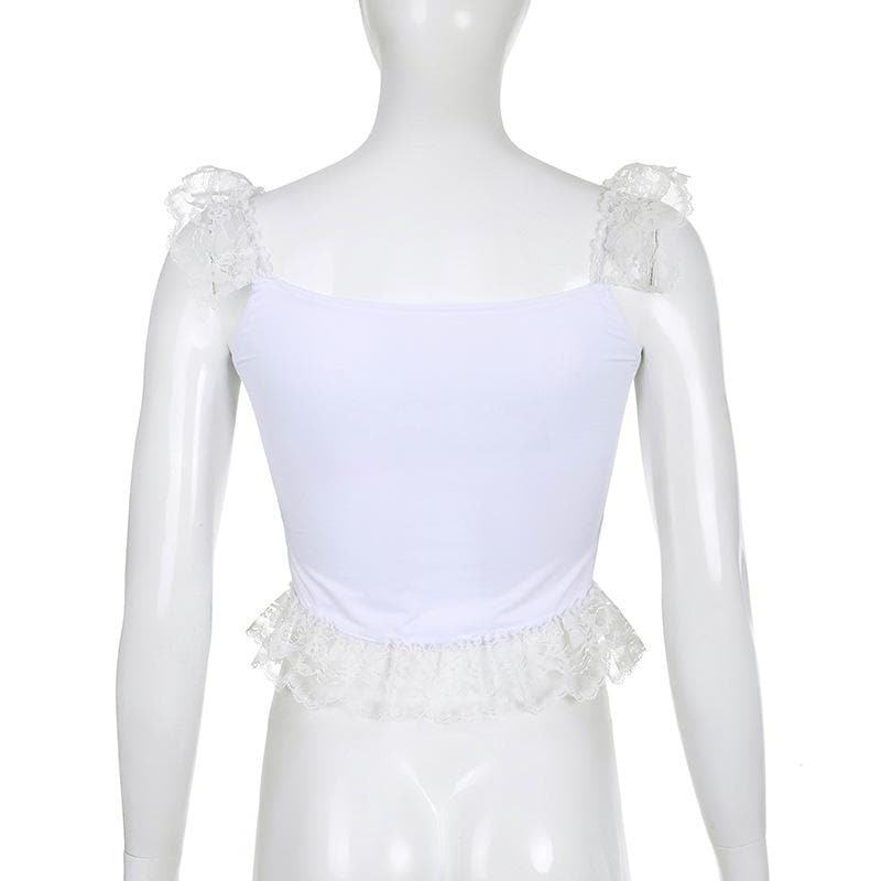 Cap sleeve satin lace hem low cut ruffle top - Final Sale