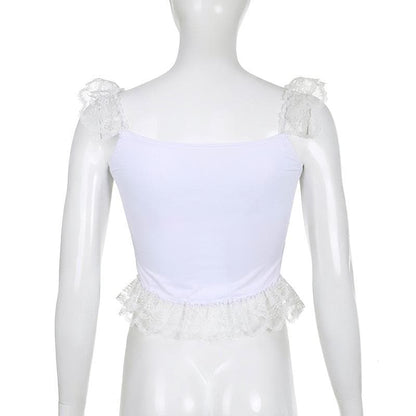 Cap sleeve satin lace hem low cut ruffle top - Final Sale