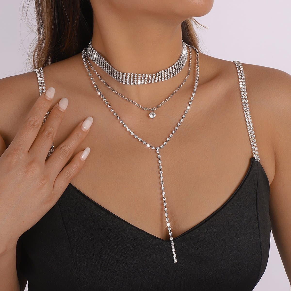 Layered Rhinestone 2 Pcs Choker Necklace