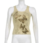 Ribbed butterfly pattern sleeveless contrast beaded crop top