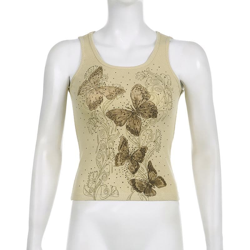 Ribbed butterfly pattern sleeveless contrast beaded crop top