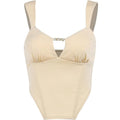 Sleeveless solid metal tag notch neck backless crop top