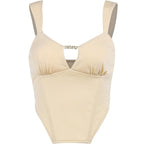 Sleeveless solid metal tag notch neck backless crop top