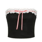 Contrast stitch lace hem self tie backless tube crop top
