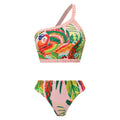 Costume da bagno bikini monospalla con stampa a foglie e schiena scoperta a contrasto