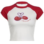 Cherry pattern patchwork contrast cap sleeve crewneck crop top