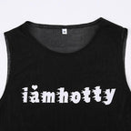 Sheer mesh see through "i am hotty" pattern contrast sleeveless crop top