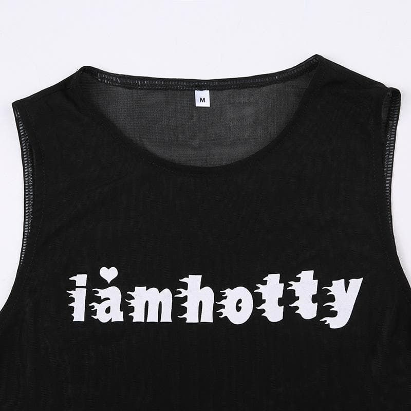 Sheer mesh see through "i am hotty" pattern contrast sleeveless crop top