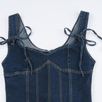 Top corsetto senza maniche con lacci in denim cucito e scollato