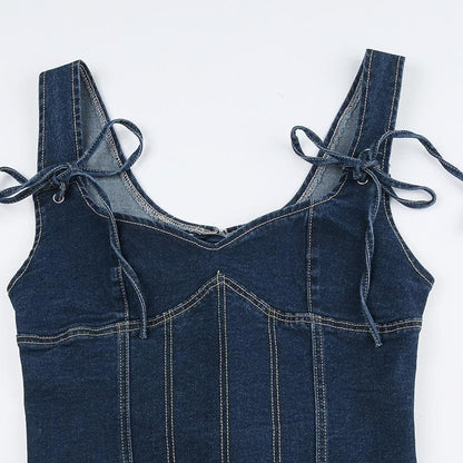 Top corsetto senza maniche con lacci in denim cucito e scollato