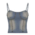 Beaded lace up stitch backless denim cami top