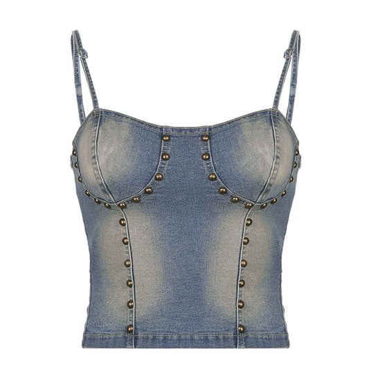 Beaded lace up stitch backless denim cami top