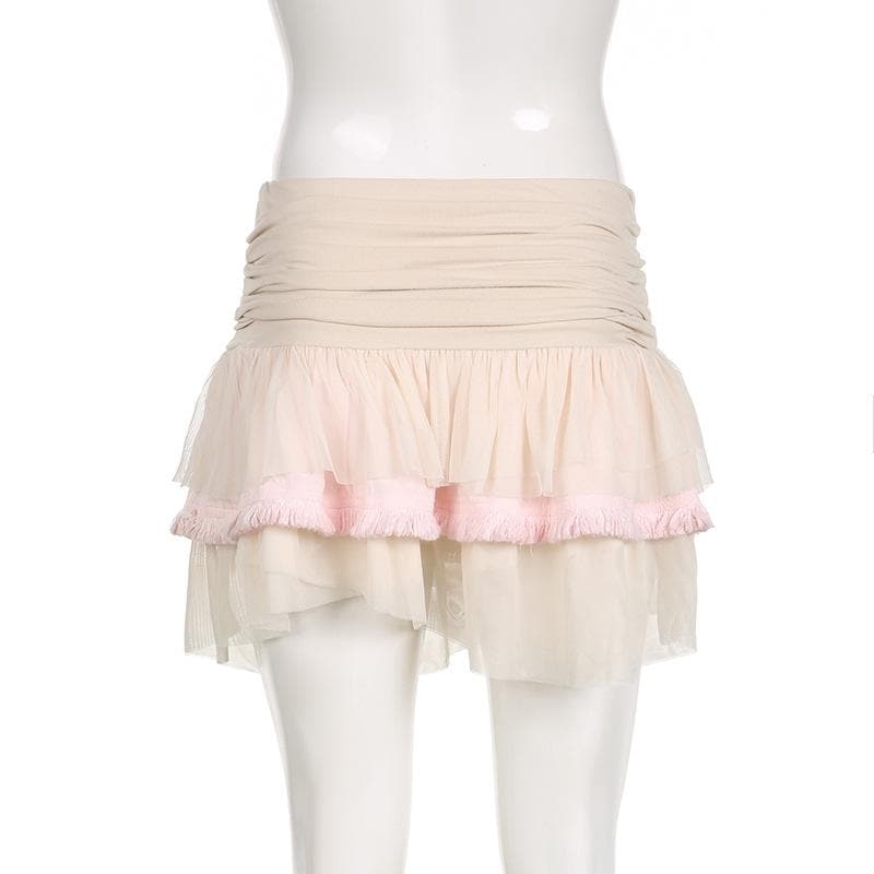Ruched ruffle contrast patchwork mesh mini skirt