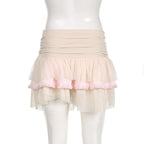 Ruched ruffle contrast patchwork mesh mini skirt