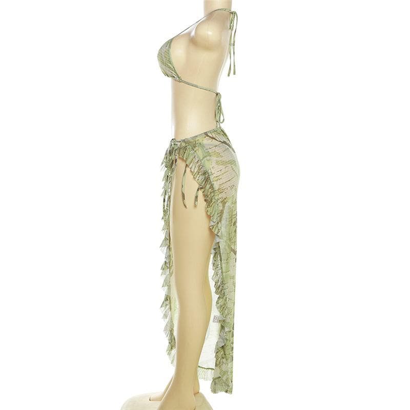 Halter self tie backless ruffle irregular mesh contrast print maxi skirt set