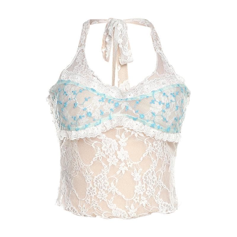 Lace ruffled see through flower low cut backless halter top