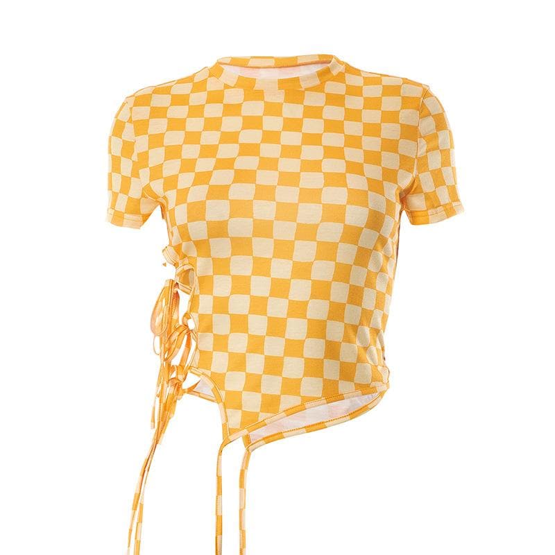 Unregelmäßiges Crop-Top mit kariertem Kontrast und kurzen Ärmeln zum Selbstbinden 