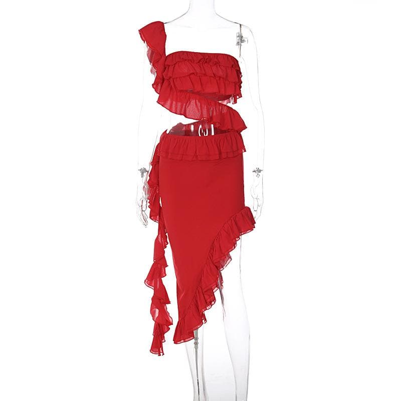 Irregular one shoulder ruffle backless solid midi skirt set