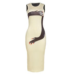 Arm pattern contrast sleeveless crewneck midi dress