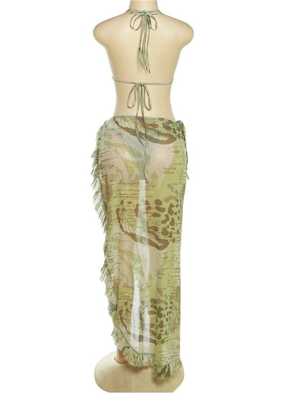 Halter self tie backless ruffle irregular mesh contrast print maxi skirt set
