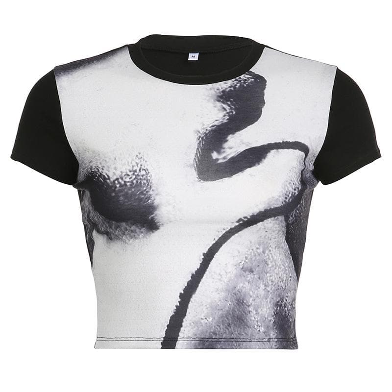 Contrast print short sleeve crewneck crop top