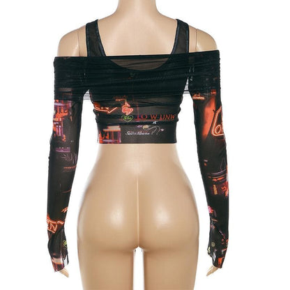 Contrast sheer mesh abstract ruched 2 piece long sleeve crop top