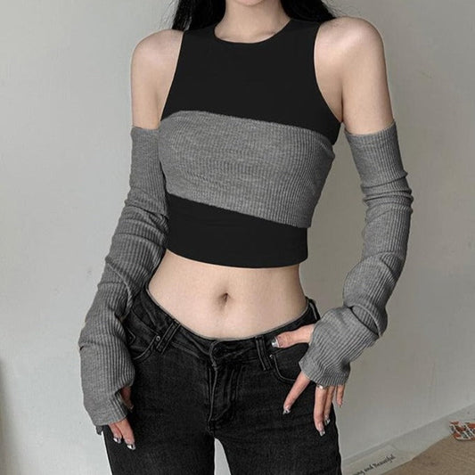 Strickhandschuhe, schulterfreies Rundhals-Zweiteiler-Crop-Top in Kontrastfarbe