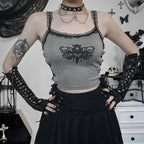 Lace hem backless lace up butterfly pattern contrast crop top