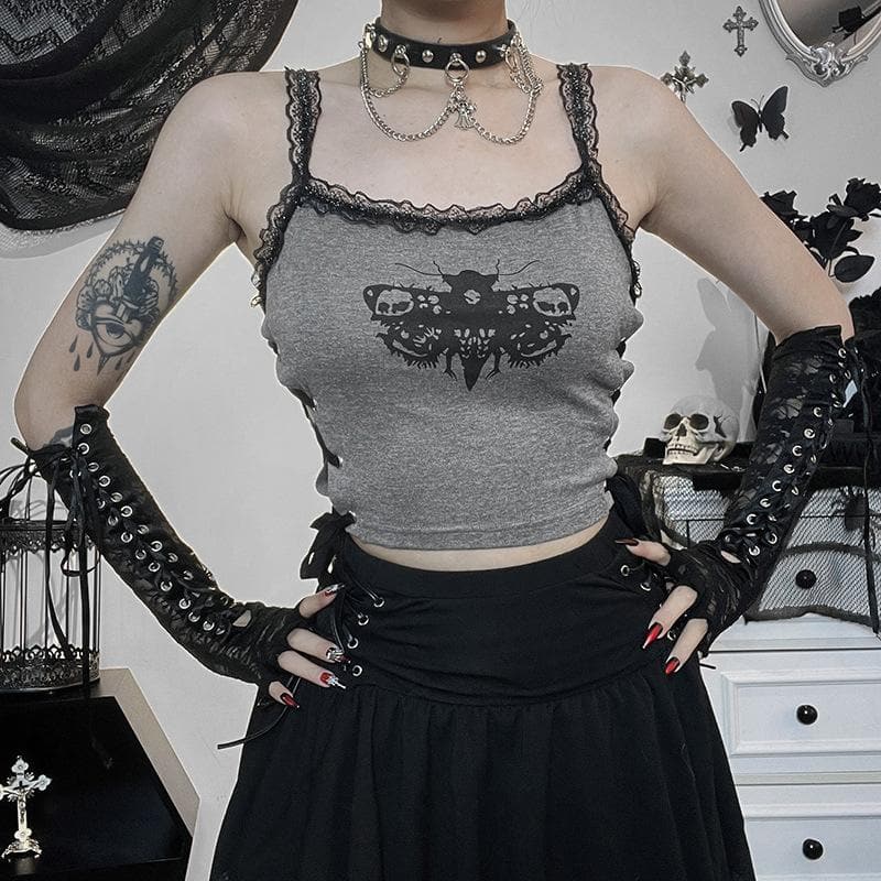 Lace hem backless lace up butterfly pattern contrast crop top