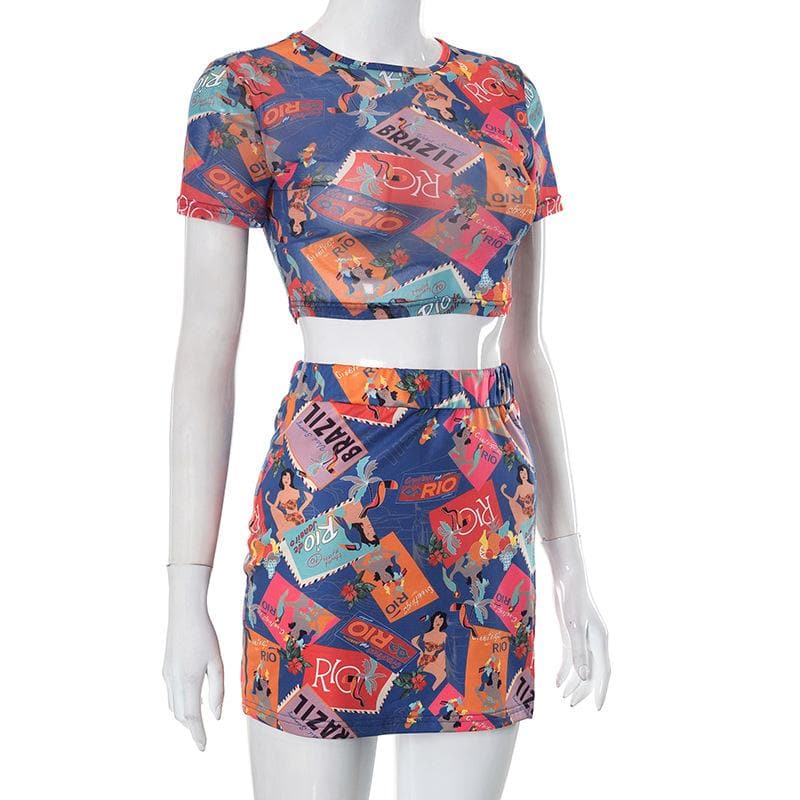 Abstract Print Mesh Short Sleeve Crewneck Contrast Mini Skirt Set
