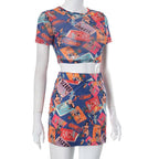 Abstract Print Mesh Short Sleeve Crewneck Contrast Mini Skirt Set