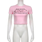 Short sleeve crewneck bowknot pattern contrast crop top
