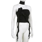 Solid flower applique ruffle ribbon ruched tube crop top