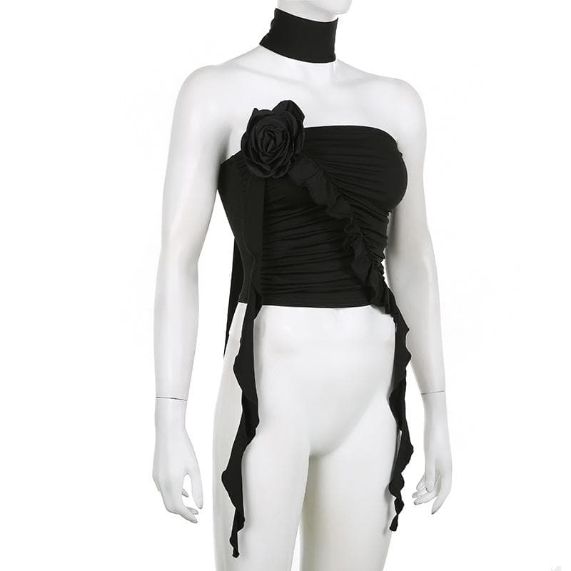 Solid flower applique ruffle ribbon ruched tube crop top