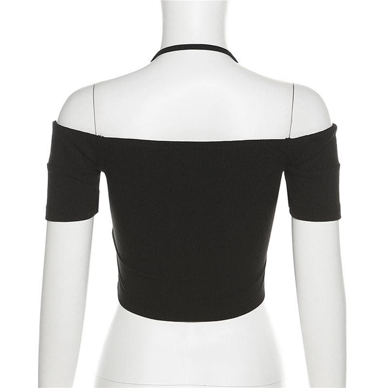 Off shoulder halter buckle short sleeve solid crop top