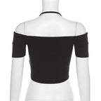 Off shoulder halter buckle short sleeve solid crop top