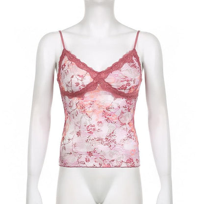 Rückenfreies Cami-Top mit Spitzen-Blumenmuster und V-Ausschnitt in Kontrastfarbe 