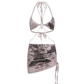 Halter self tie drawstring metal chain contrast o ring mini skirt set
