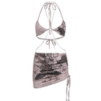 Halter self tie drawstring metal chain contrast o ring mini skirt set