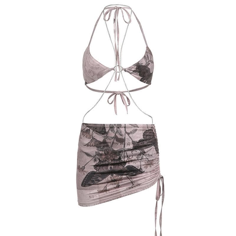 Halter self tie drawstring metal chain contrast o ring mini skirt set