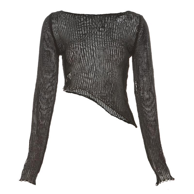 Crochet solid hollow out long sleeve irregular see through crop top