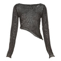 Crochet solid hollow out long sleeve irregular see through crop top