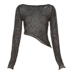 Crochet solid hollow out long sleeve irregular see through crop top