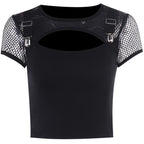 Short sleeve crewneck hollow out fishnet buckle solid top