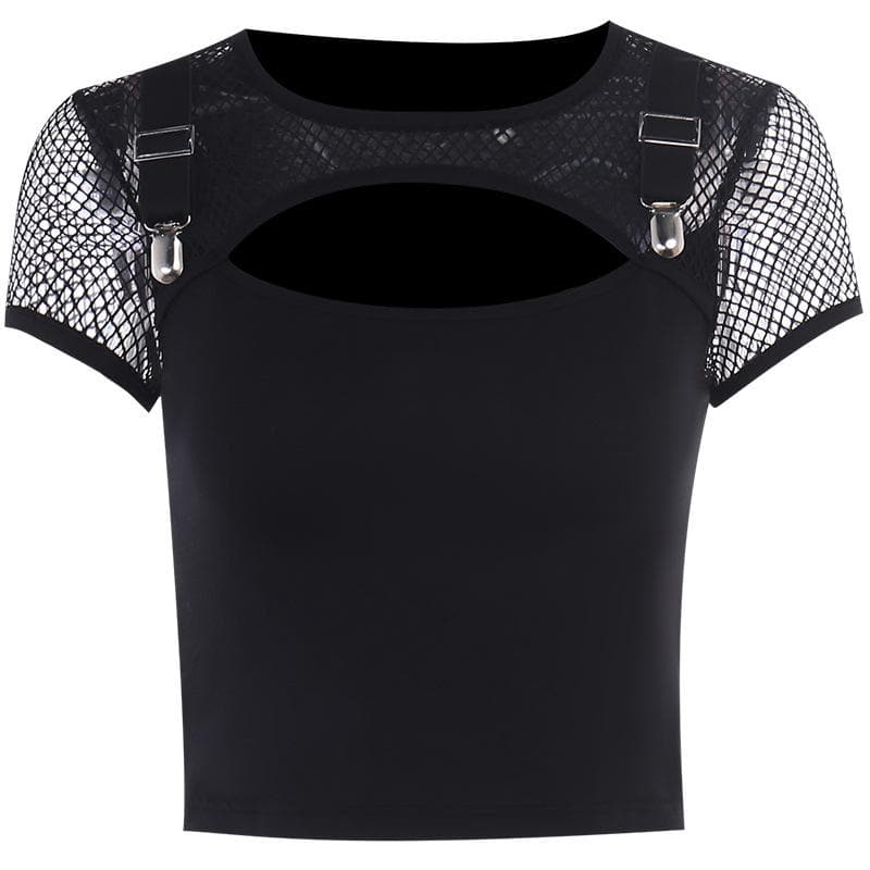 Short sleeve crewneck hollow out fishnet buckle solid top