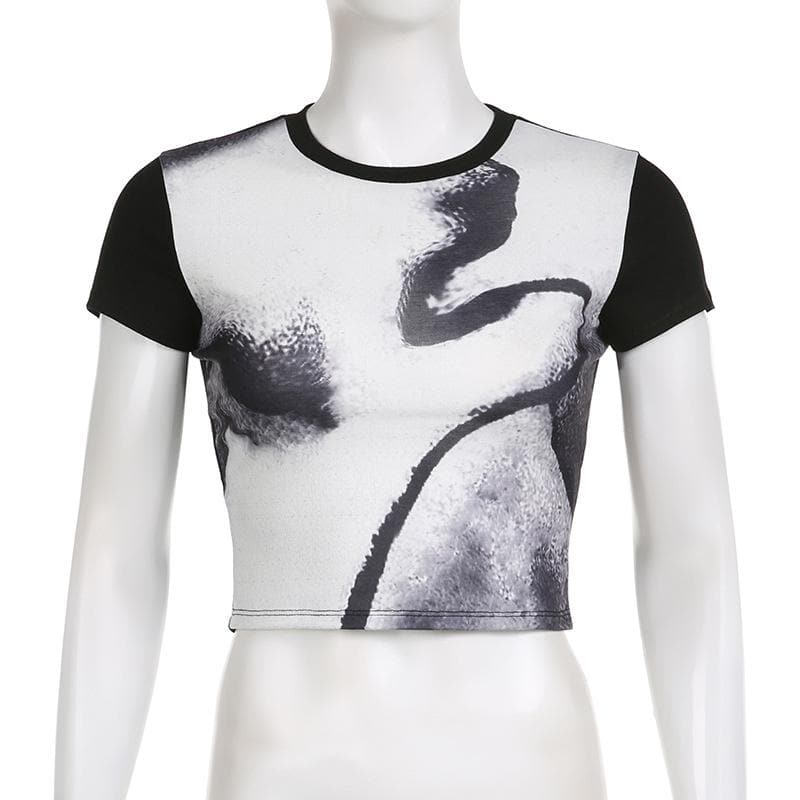 Contrast print short sleeve crewneck crop top