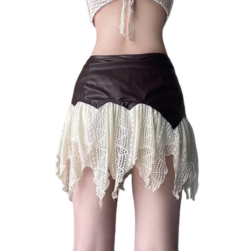 Irregular PU leather patchwork ruffle belt textured mini skirt